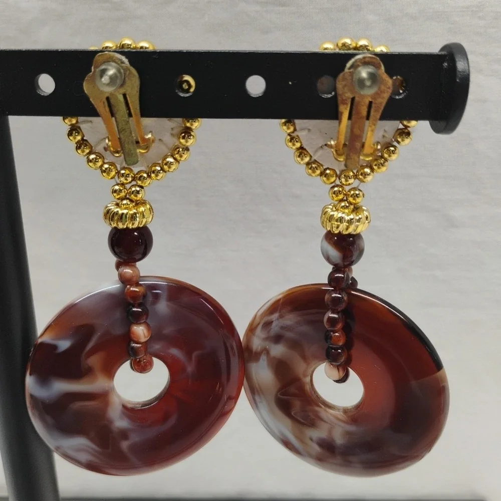 Vintage Brown White‎ Acrylic Dangle Clip On Earrings Statement Costume